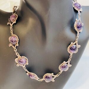 Vintage Sterling Silver Amethyst Necklace And Bracelet Set